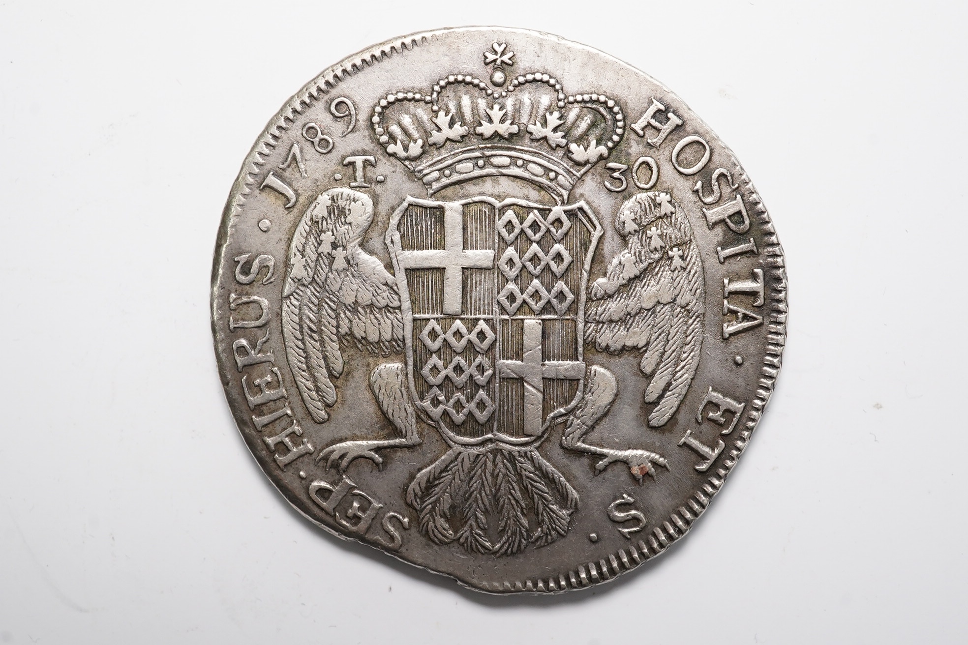 Malta coins, Emanuel de Rohan (1775-1797), silver 30 Tari, 1789 (Restelli 27; Dav. 1609), flan flaw, cleaned otherwise about EF, 29.7g